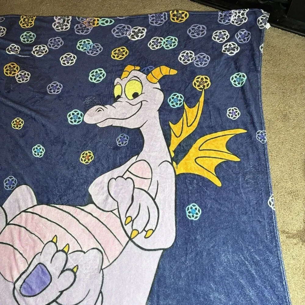 Disney Parks Figment Purple Dragon Print Soft Fleece Throw Blanket 80”x60” Rare